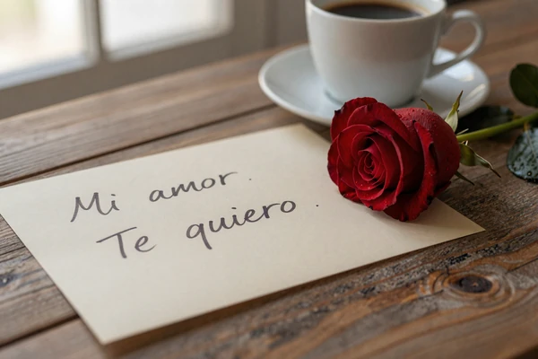 Handwritten Spanish love note with red rose and coffee on a rustic table