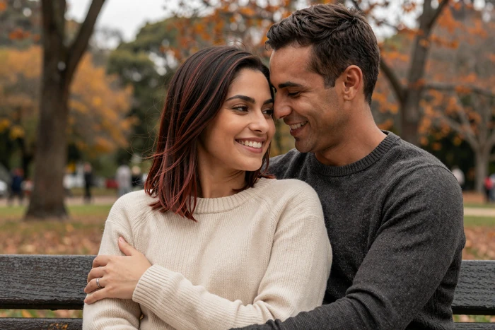 Steven and Luciana sharing a tender moment on a park bench in Curitiba, Brazil