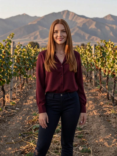 Mercedes, 29, an elegant Argentinian woman from Mendoza with Andes mountains and vineyards behind her