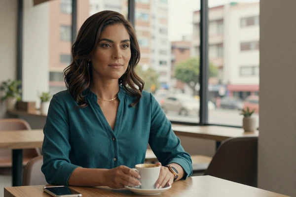 Confident Latina professional woman enjoying coffee at an urban cafe in Latin America