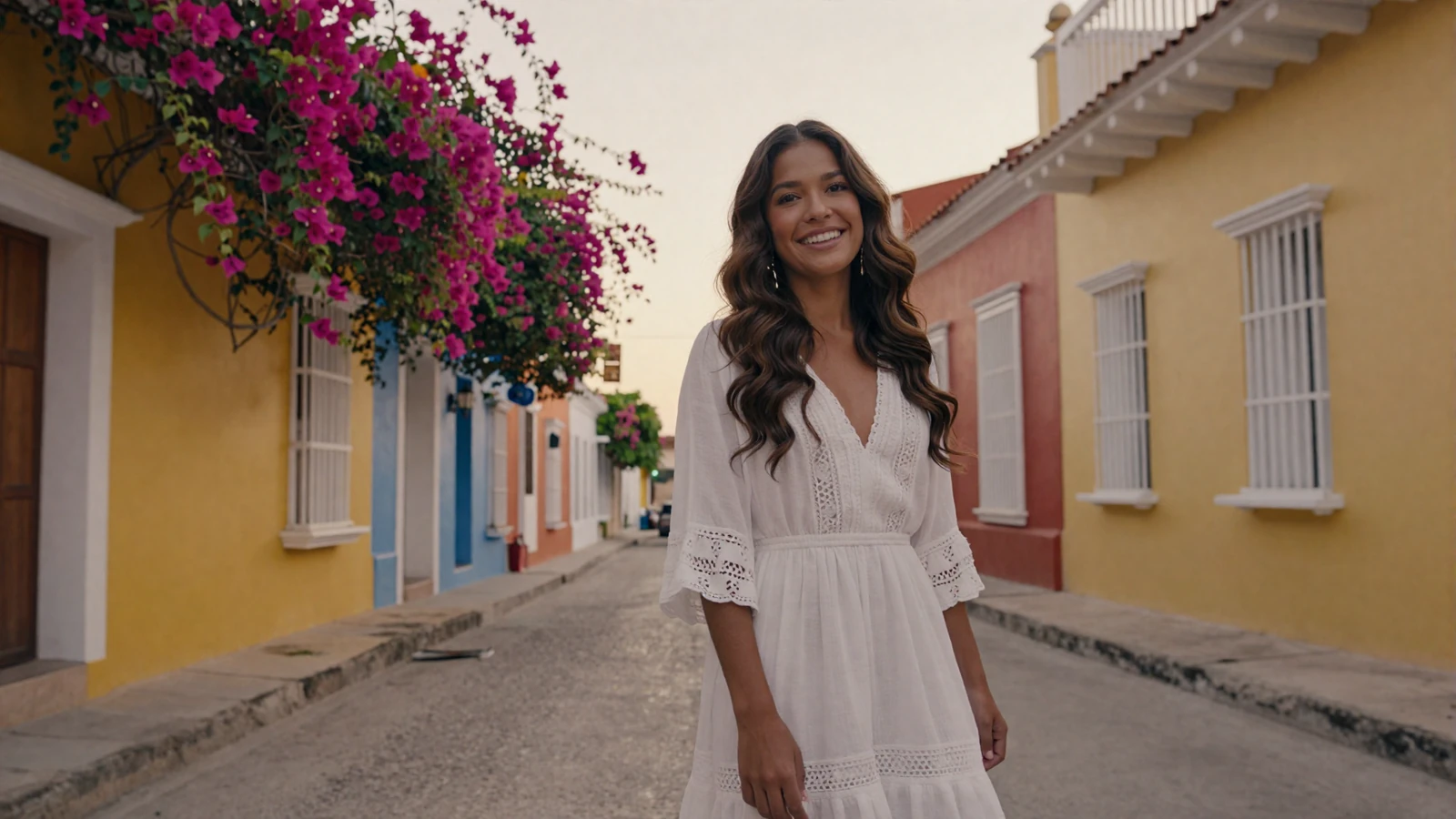 Beautiful Colombian woman smiling on a colorful colonial street in Cartagena, Colombia