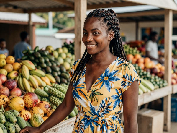 Vincentian woman at a colorful produce market in Kingstown surrounded by tropical fruits and vegetables
