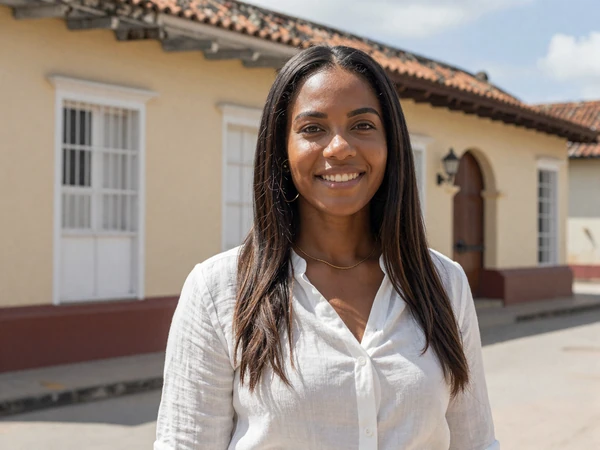 Mixed-heritage Trinidadian woman near colonial architecture in Port of Spain