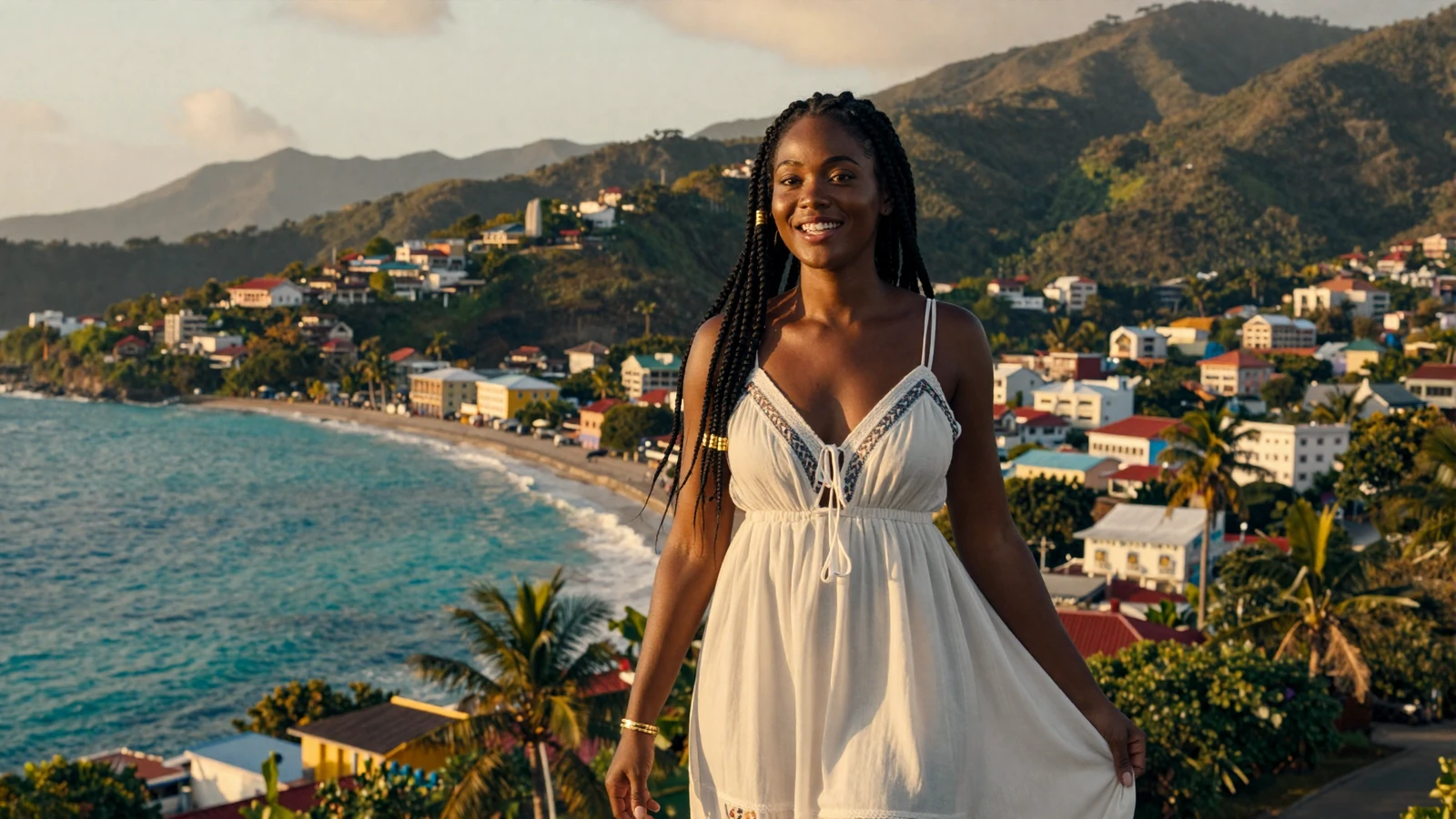 Beautiful Haitian woman smiling on a hilltop overlooking the Caribbean coast in Haiti with colorful buildings and lush mountains