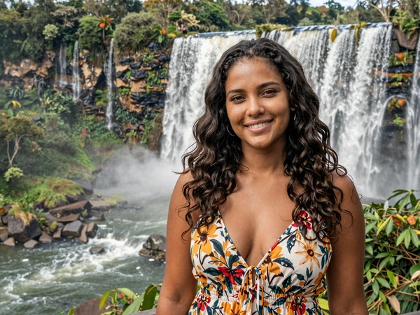Mixed-heritage Guyanese woman at a scenic viewpoint with lush rainforest in Guyana
