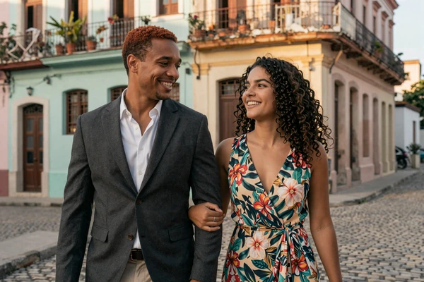 Brian and Maria walking arm in arm through the streets of Old Havana, Cuba