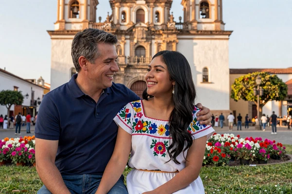 American man and Guatemalan woman sitting together in Antigua Guatemala's central park