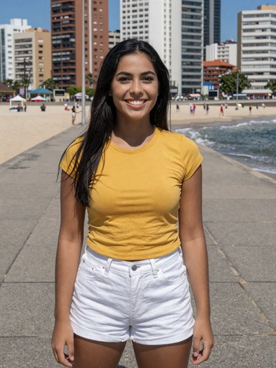 Camila, 23, a vibrant Uruguayan woman on the Rambla waterfront in Pocitos, Montevideo