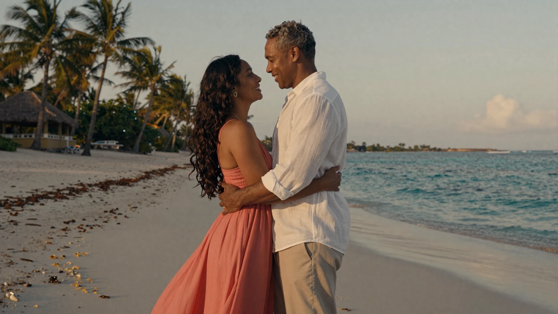 Happy international couple embracing on a Caribbean sunset beach