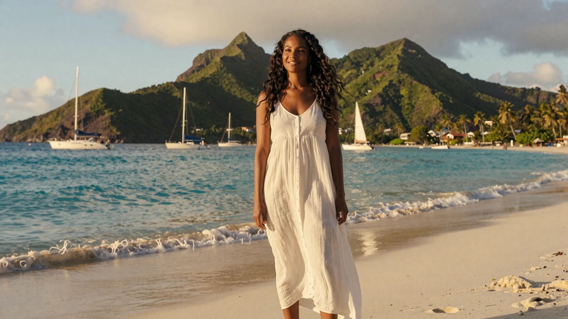 Beautiful Vincentian woman smiling on a Grenadines beach with turquoise sea and sailing yachts at golden hour in Saint Vincent