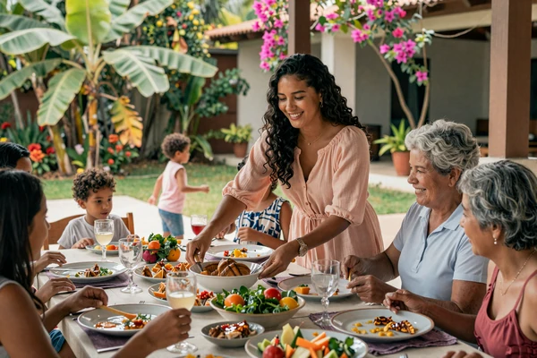 Three generations of a Latin American family sharing Sunday lunch outdoors in a tropical garden