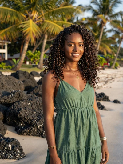 Nikita, 25, a warm Vincentian woman on a tropical beach near Barrouallie at golden hour