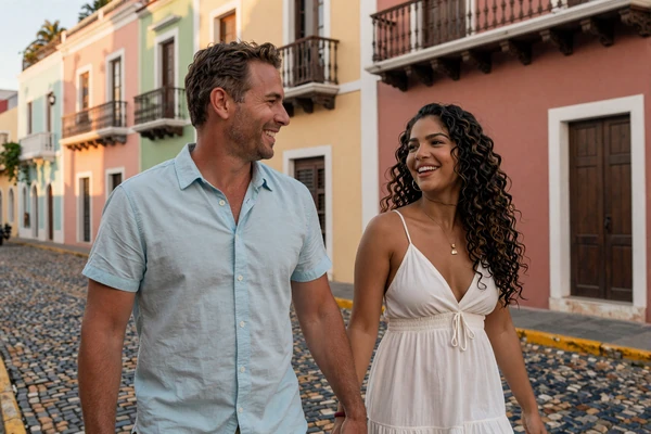 American man and Puerto Rican woman walking hand in hand through the colorful streets of Old San Juan at sunset