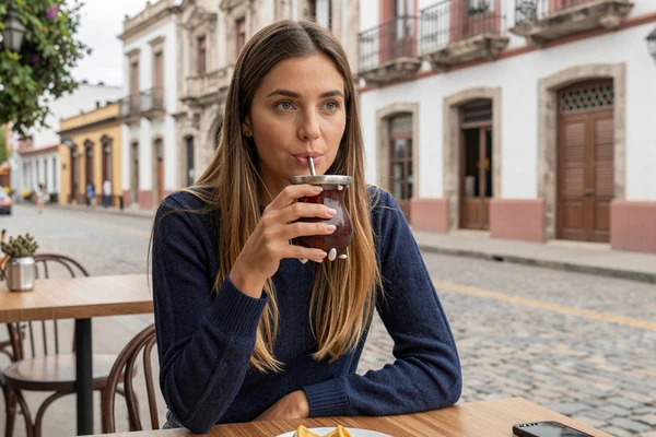 Uruguayan woman enjoying mate tea at an outdoor cafe in the Ciudad Vieja historic district of Montevideo