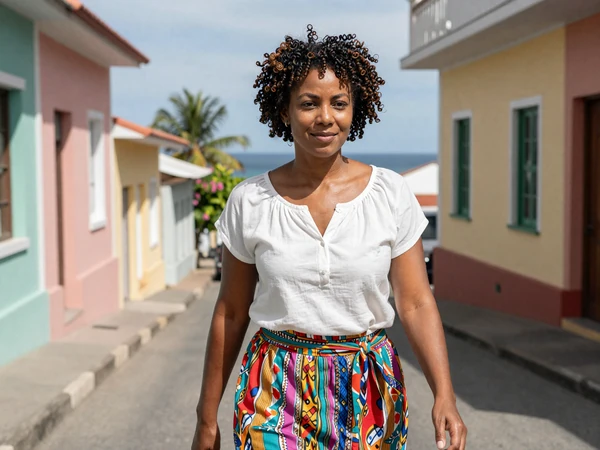 Grenadian woman walking along a colorful street in St. George's with harbor views