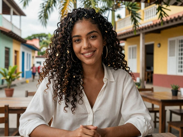 French Guianese Creole woman enjoying a sunny afternoon at a Cayenne cafe with colonial architecture