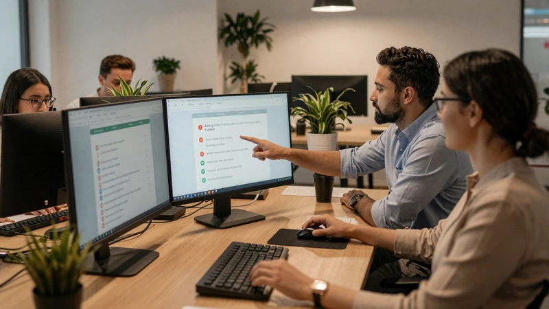 Anti-scam team reviewing and verifying dating profiles in a professional office setting