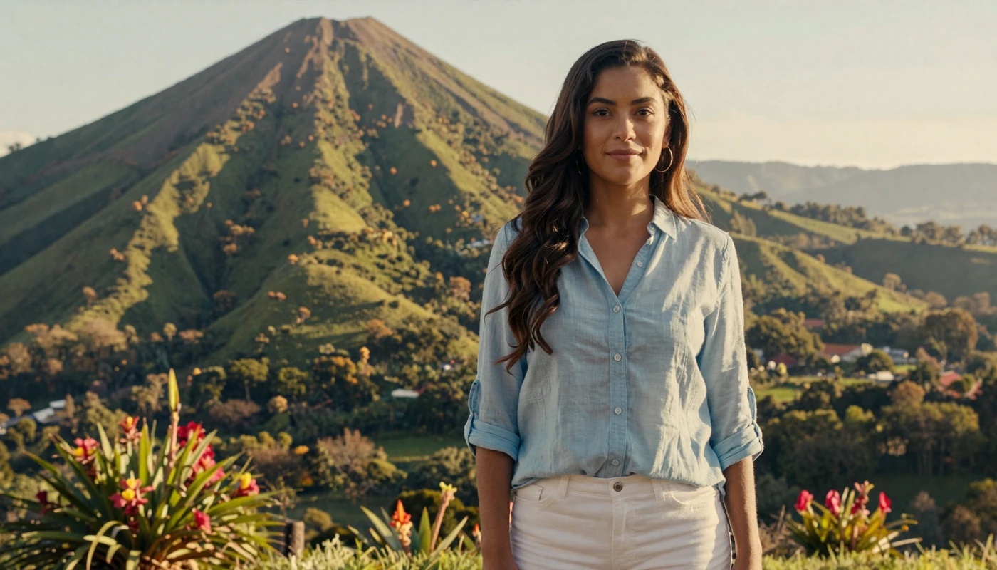 Beautiful Salvadoran woman smiling on a scenic El Salvador overlook with volcanic hills
