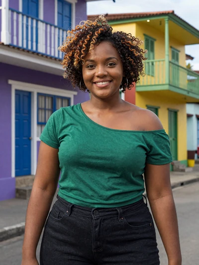 Crystal, 26, a stunning Afro-Guyanese woman in front of Georgetown colonial homes