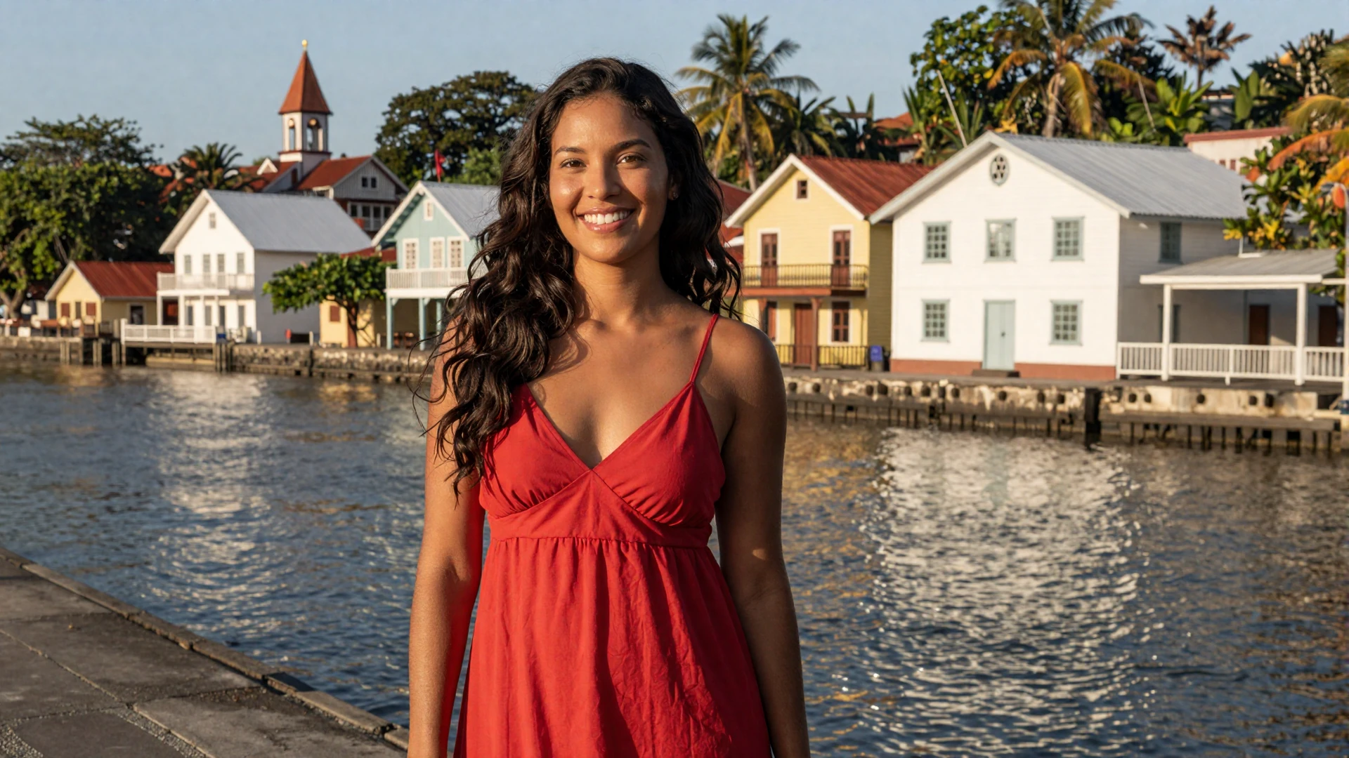 Beautiful Surinamese woman smiling on the Waterkant waterfront in Paramaribo Suriname