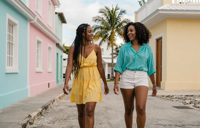 Two Bahamian women friends walking through colorful Bay Street in Nassau showcasing the diversity of Bahamian beauty