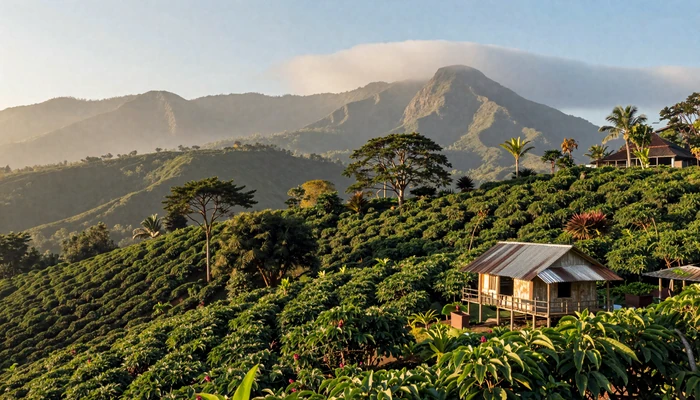 Scenic view of Jamaica Blue Mountains with lush green coffee plantations and traditional wooden house among tropical vegetation