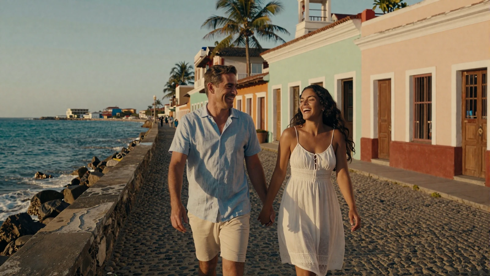 American man and Latina woman walking hand in hand through a colorful Latin American beach town at sunset