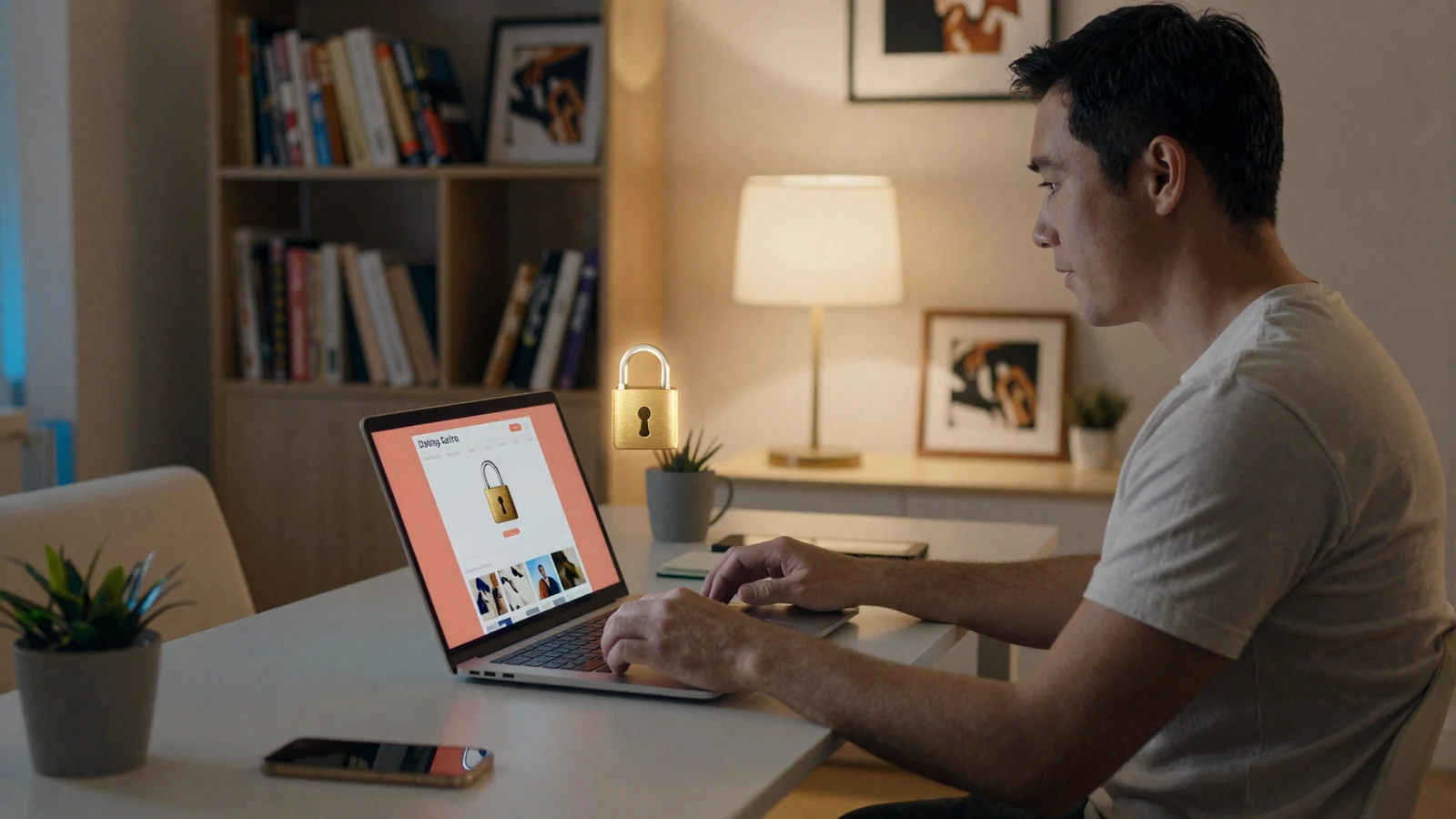 Man safely browsing a secure online dating platform from his home office