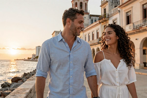 American man and Cuban woman walking hand in hand along the Malecón in Havana at sunset