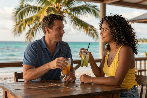 American man and Belizean woman enjoying a conversation at a beachside bar in Placencia Belize