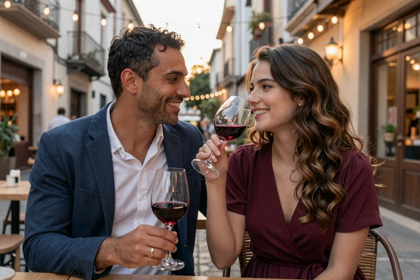 American man and Argentinian woman sharing Malbec wine at an outdoor wine bar in Palermo, Buenos Aires