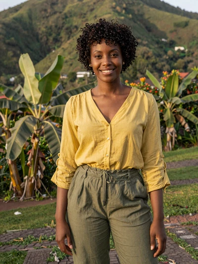 Crystal, 28, a confident Vincentian woman from Georgetown surrounded by lush green hills