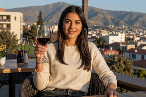 Chilean woman enjoying a glass of red wine at an outdoor bar in the Bellavista neighborhood of Santiago with the Andes in the background