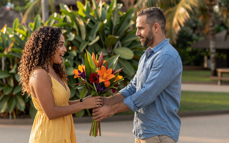 American man giving flowers to a smiling Brazilian woman on a romantic date in a park