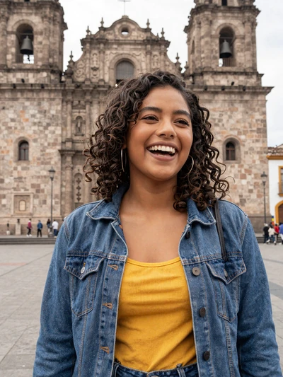 Valeria, 23, a joyful Ecuadorian woman from Quito in a colonial plaza