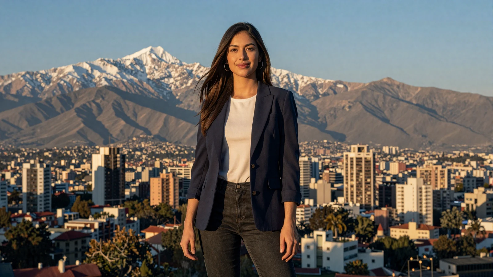 Sophisticated Chilean woman smiling at a scenic viewpoint in Santiago with the snow-capped Andes mountains in the background