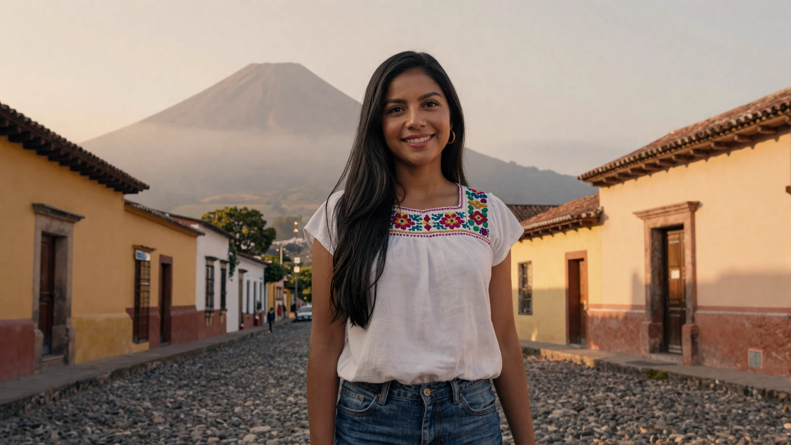 Beautiful Guatemalan woman smiling on a cobblestone street in Antigua Guatemala with Agua volcano in background