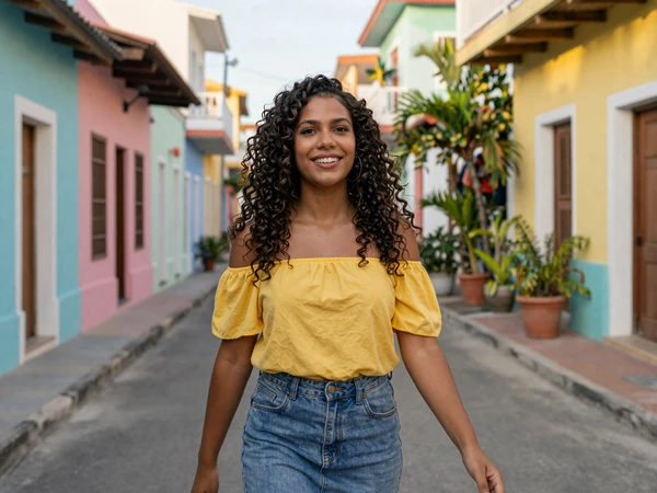 Mixed-heritage Dutch Antillean woman walking through colorful streets in Curaçao