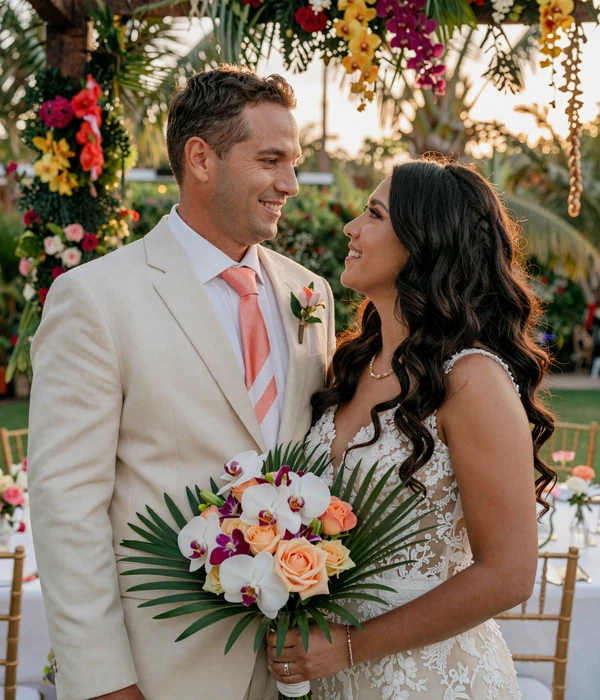 Mark and Isabella on their wedding day in a tropical garden in Cartagena, Colombia