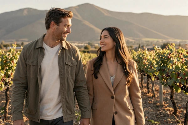 American man and Chilean woman walking hand in hand through a vineyard in the Colchagua Valley, Chile with the Andes mountains behind them