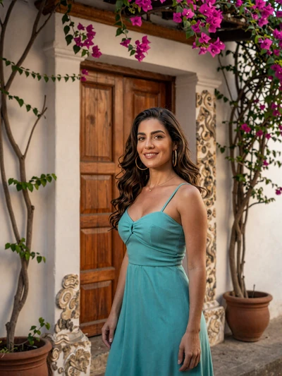 Adriana, 30, a stunning Colombian woman from Cartagena in front of colorful colonial architecture