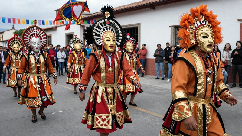 Colorful Carnival de Oruro dancers in traditional Bolivian costumes and masks