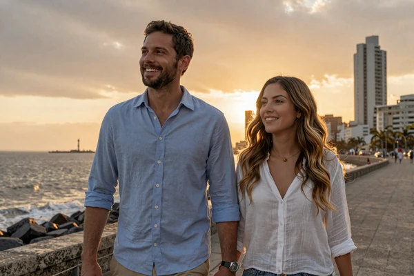 American man and Uruguayan woman walking hand in hand along the Rambla waterfront in Montevideo at sunset