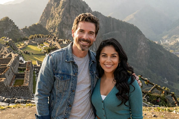 Steven and Sofía standing together at Machu Picchu in Peru