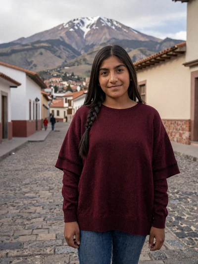Lucía, 24, a sweet Bolivian woman from La Paz with Andean mountain backdrop