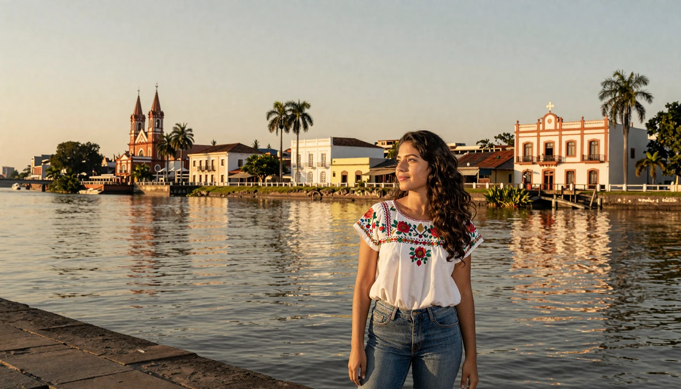 Beautiful Paraguayan woman standing along the Paraguay River in Asunción at golden hour
