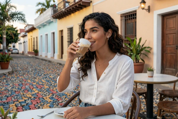 Dominican woman enjoying coffee at an outdoor café in the historic Zona Colonial of Santo Domingo