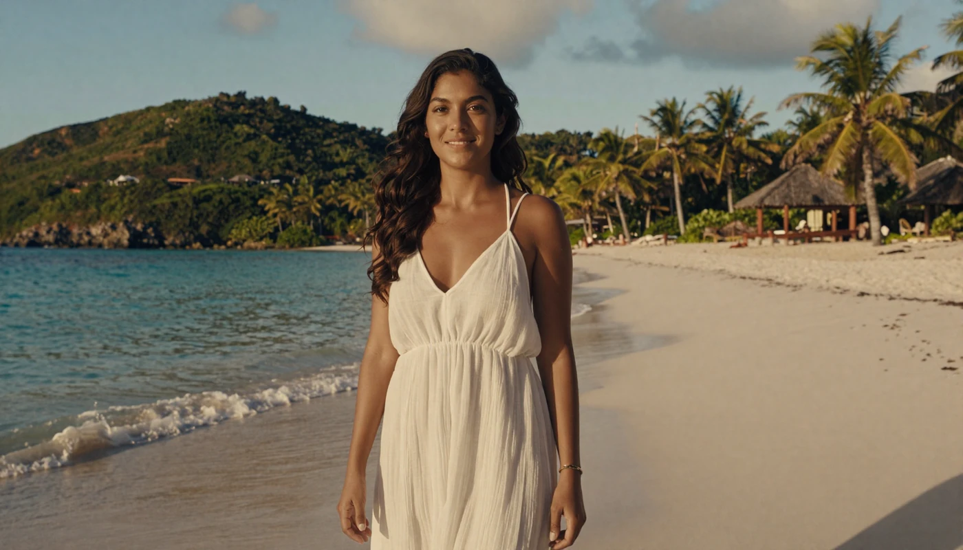 Beautiful Honduran woman on a Caribbean beach in Roatán Honduras at golden hour