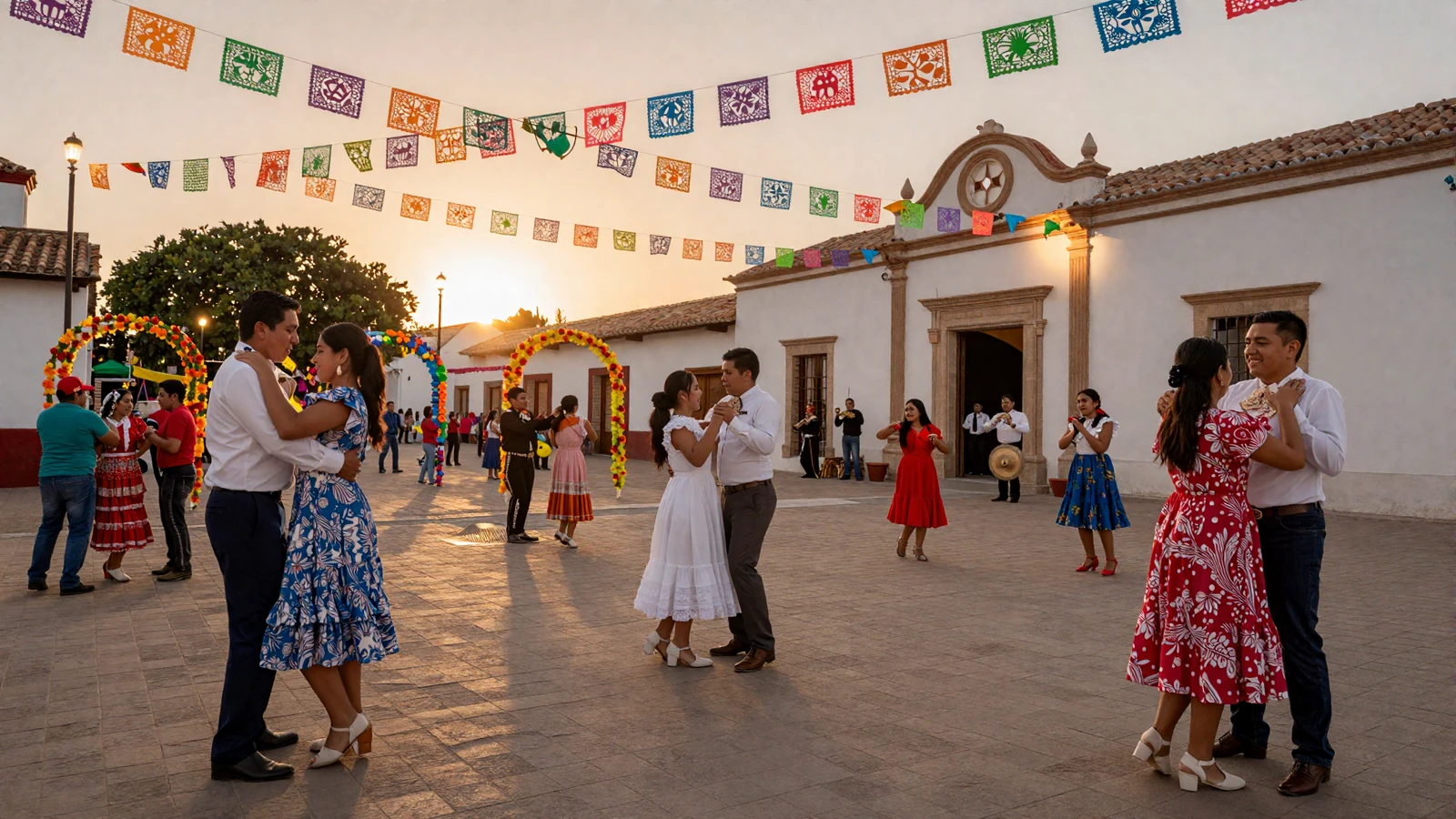 Vibrant Latin American cultural festival with couples dancing in a colonial plaza at sunset