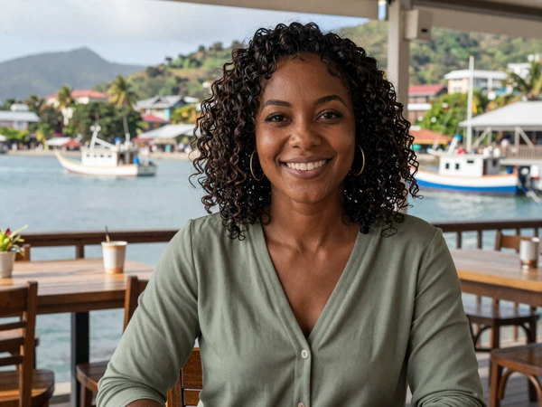 Vincentian woman enjoying a waterfront afternoon in Kingstown harbor with fishing boats in the background
